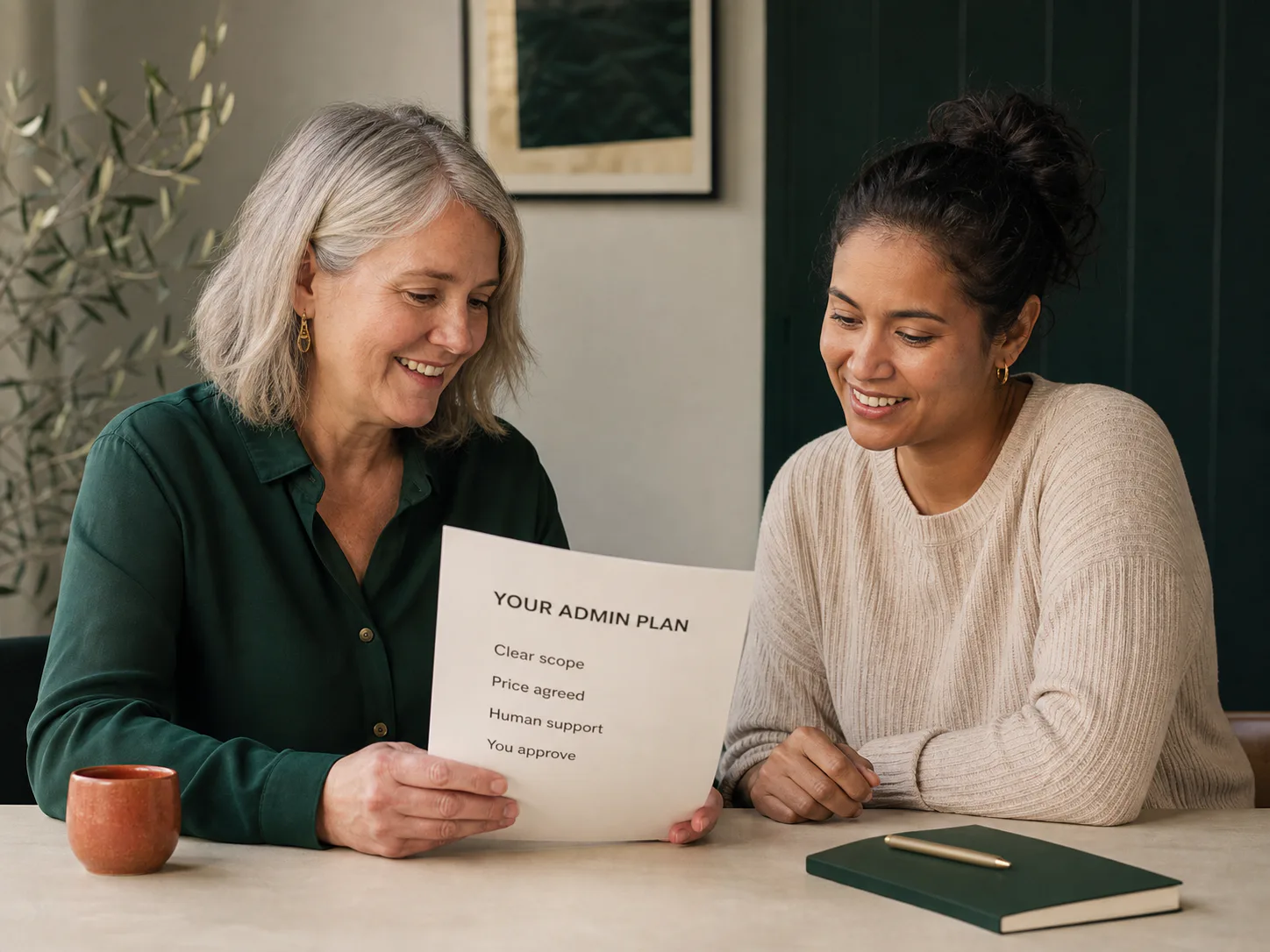 Two adults reviewing a simple Helpy admin plan together