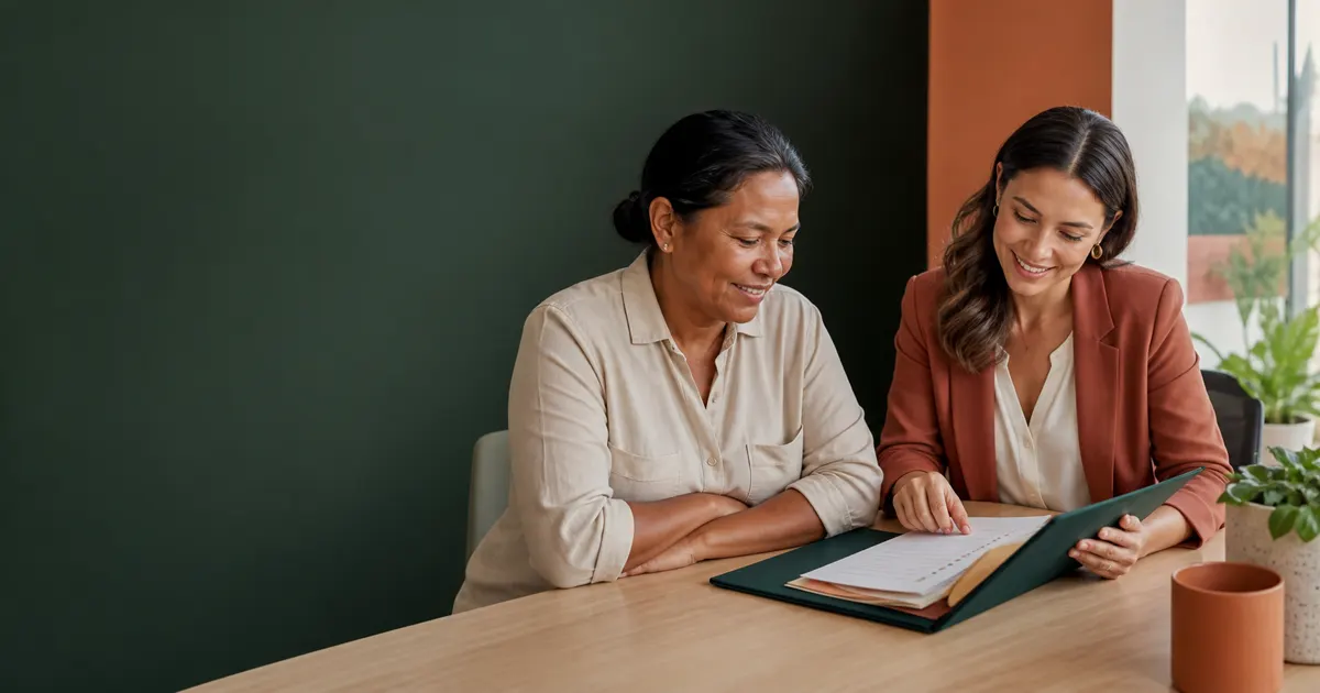 An adult reviewing an organised paperwork folder with a Helpy team member
