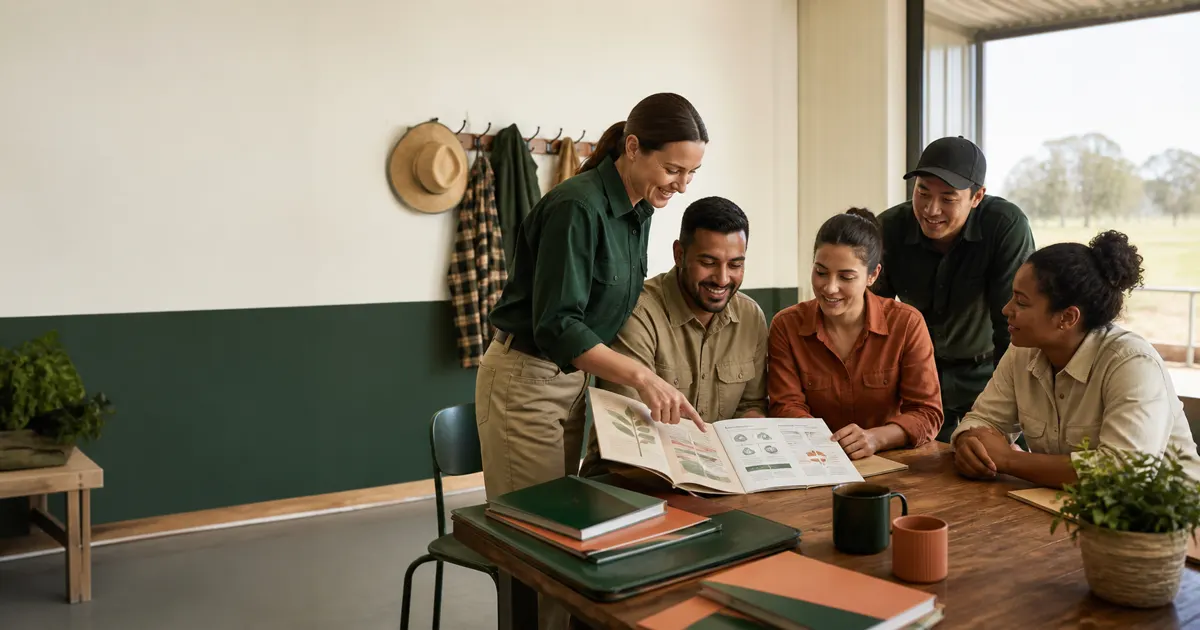Seasonal workers reviewing a clear first-week information pack with a coordinator